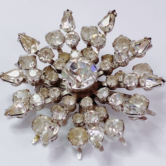 VTG 50s 60s Rhinestone Starburst Brooch Silver Tone Mid Century Pin - Picture 3 of 10